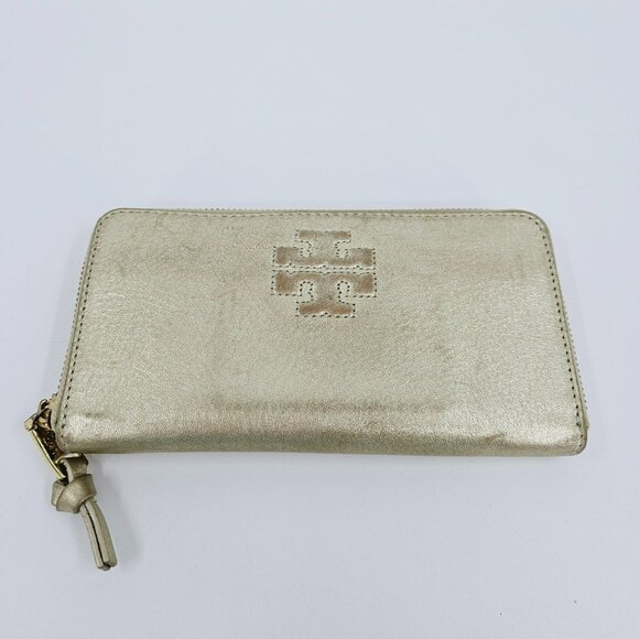 Tory Burch Wallet Thea Metallic Gold Continental Zip Around Medium Leather Logo - Picture 13 of 13